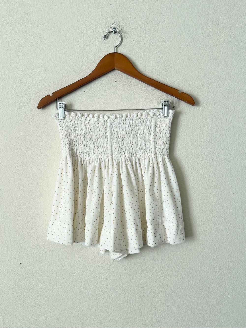 KOCH SMALL The Erica high rise smocked waist white and gold polka dot skort